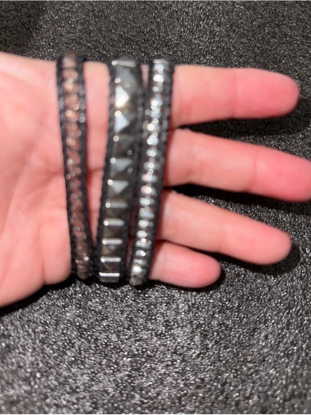 Triple Wrap Bracelet with Silver Studs and Rhinestones - Black